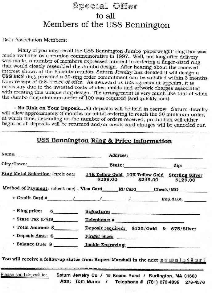 USS BENNINGTON RING ORDER FORM